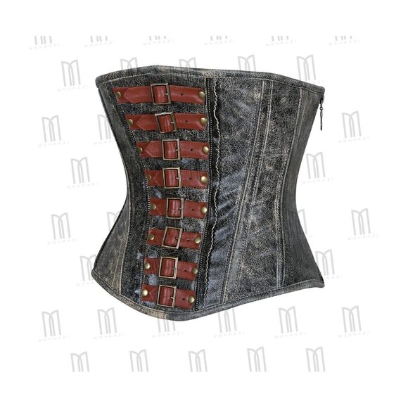 3 Layer Underbust Genuine Leather Corset with Fashion Buckle Straps and Side Zip - Picture 2 of 3